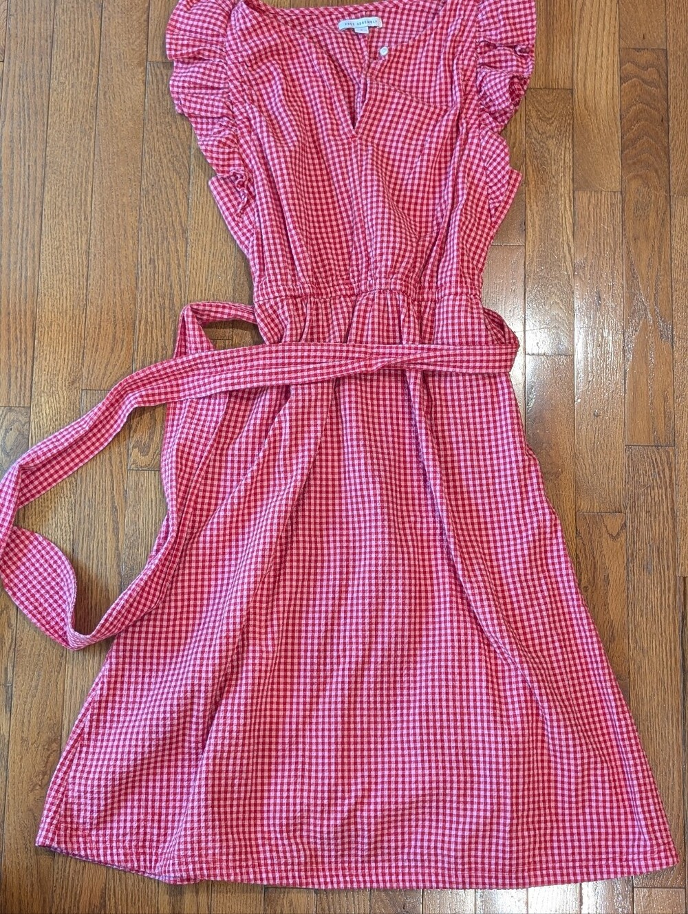 Free Assembly gingham red and pink flutter sleeve tie waist dress small